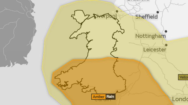 Изображение Уэльса, на котором южный Уэльс покрыт оранжевым предупреждением о погоде, а северный Уэльс - желтым