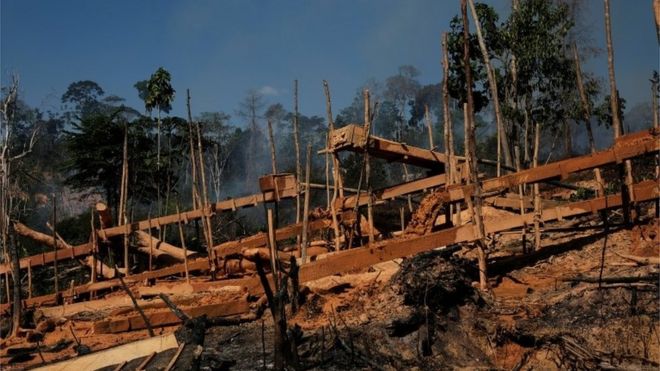 Sluice boxes at a wildcat gold mine at a deforested area of Amazon rainforest in Para state (14/09/2017)