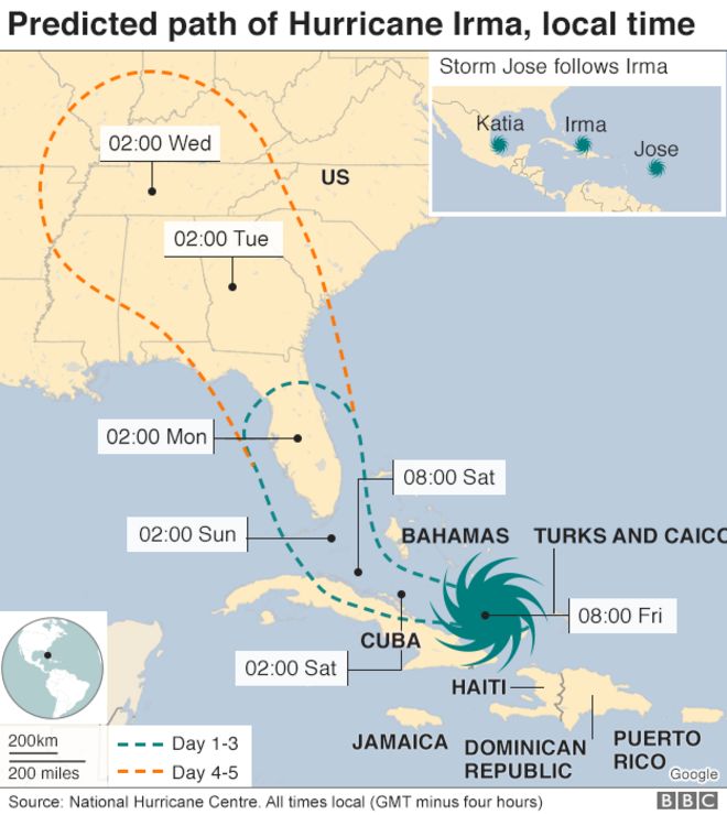 Карта: предсказанный путь урагана Ирма