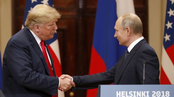 Дональд Трамп и Владимир Путин в Хельсинки, июль 2018 года