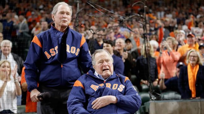 Former United States Presidents George W Bush and George HW Bush speak to the crowd before game five of the 2017 World Series