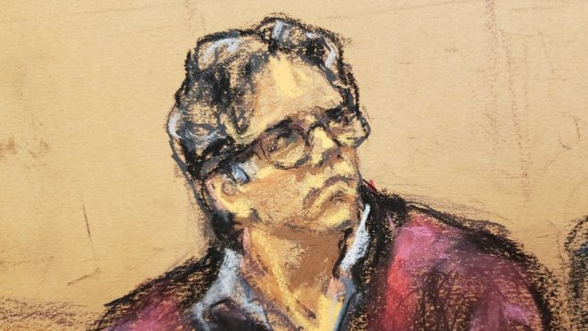 Ilustración de Keith Raniere durante el juicio en su contra