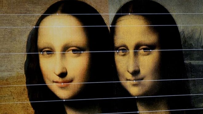 A comparison between the two painting displayed by the Mona Lisa Foundation at a presentation in Geneva, Switzerland
