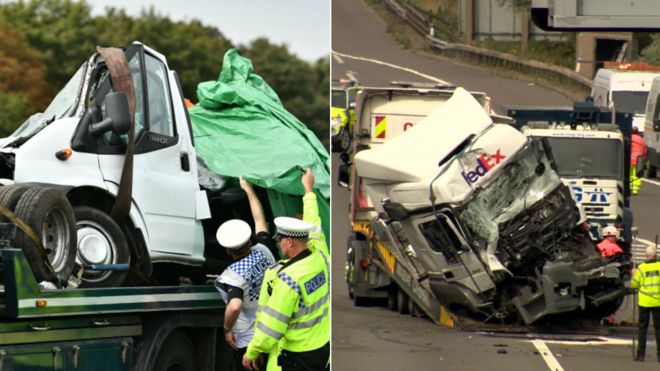 Wreckage of lorry and minibus