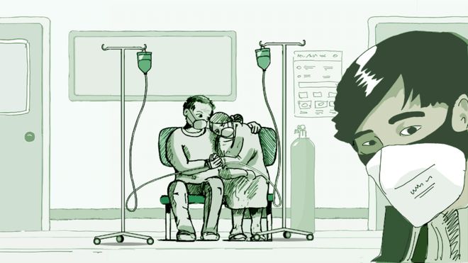 Illustration of waiting for care in a hospital in Wuhan