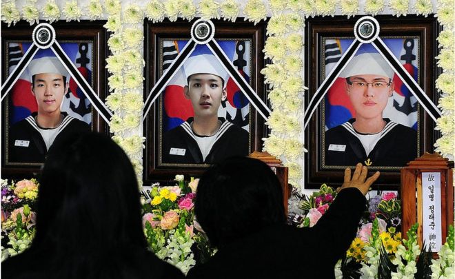 Родственники погибшего моряка затонувшего южнокорейского военного корабля Чхонана скорбят во время панихиды по командованию 2-м флотом флота 26 апреля 2010 года в Пхёнтхэке, Южная Корея.