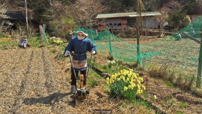 Trong khi lái xe qua trung tâm đảo Shikoku, Nhật Bản, nhà văn Don George đã gặp một ngôi làng có nhiều bù nhìn.
