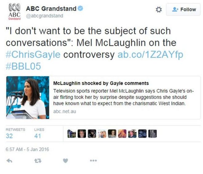 Твит на трибуне ABC: «Я не хочу быть предметом таких разговоров»: Мел Маклафлин о споре #ChrisGayle. & Quot;