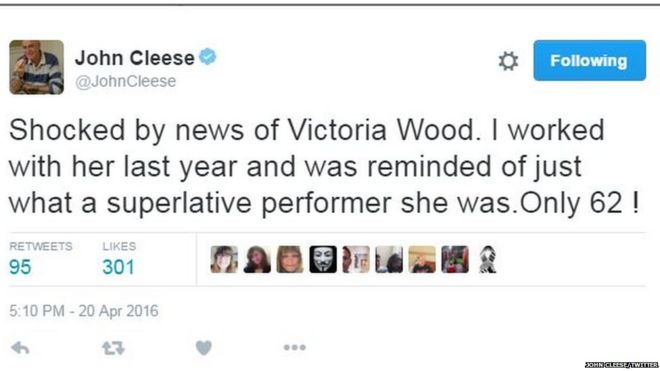 Твит Джон Клиз: Шокирован новостями о Виктории Вуд. Я работал с ней в прошлом году, и мне напомнили, какой она превосходной исполнительницей. Только 62!