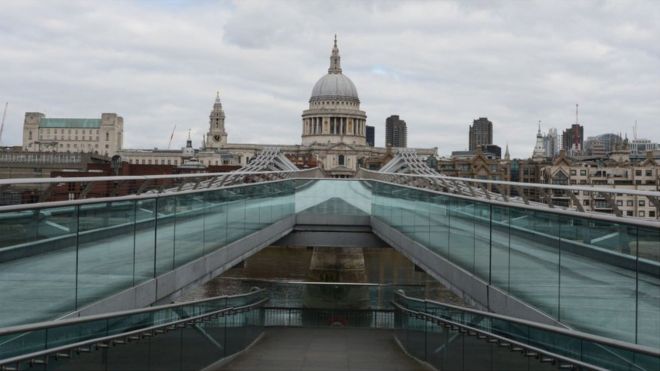 View across the Thames to St Paul's showing empty bridge