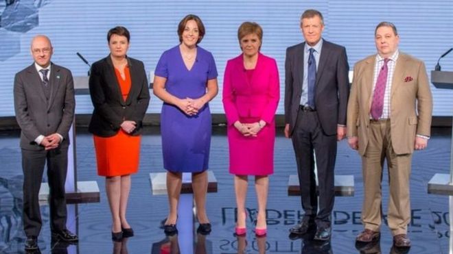 Те же шесть шотландских лидеров приняли участие в дебатах BBC в преддверии прошлогодних выборов в шотландский парламент