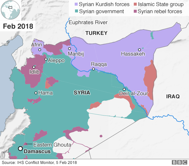Карта, показывающая контроль над Сирией (5 февраля 2018 года)