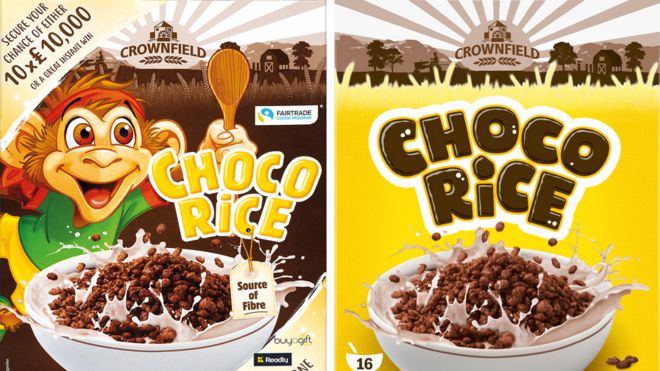 Старый бренд Lidl's Choco Rice с изображением мультяшной обезьяны и новый бренд