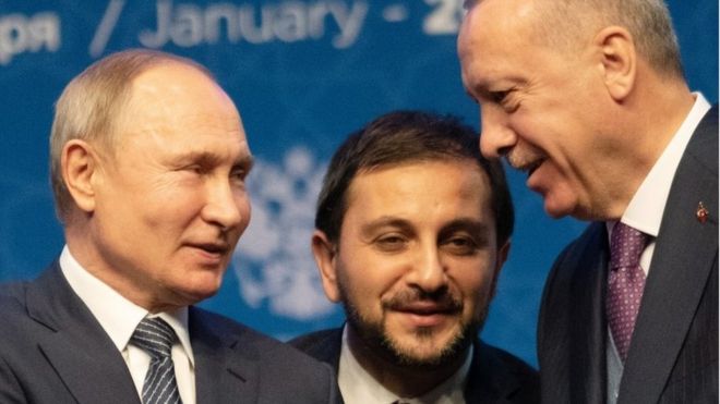 Turkish President Recep Tayyip Erdogan and Russian President Vladimir Putin attend the opening ceremony of the Turkstream Gas Pipeline Project on January 08, 2020 in Istanbul, Turkey