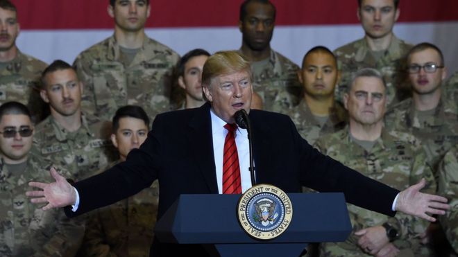 US President Donald Trump speaks to US troops during a surprise Thanksgiving visit to Afghanistan