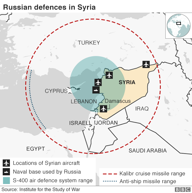 Карта, показывающая радиус действия российской обороны в Сирии