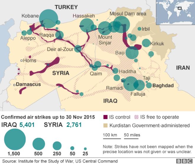 Карта, показывающая удары с воздуха в Ираке и Сирии