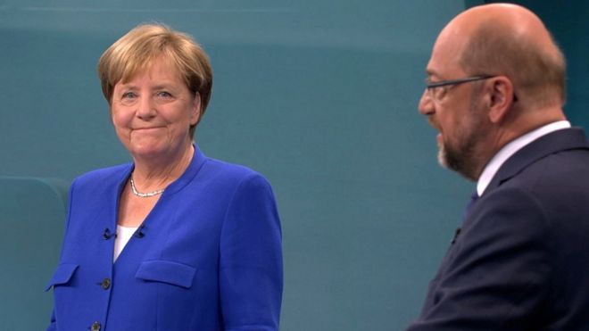 German Chancellor Angela Merkel in TV debate with SPD's Martin Schulz, 3 Sep 17