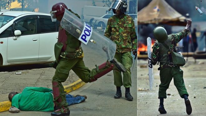 L: кенийский полицейский пинает мужчину по полу R: кенийский офицер бросает гранату со слезоточивым газом - оба в мае 2016 года в Найроби