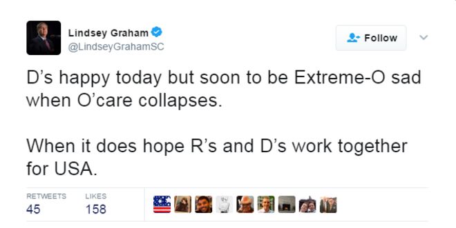 Линдси Грэм пишет в Твиттере: D счастлив сегодня, но скоро будет Экстремальным - О грустным, когда О'Кэра рушится Когда он надеется, что R и D работают вместе для США.