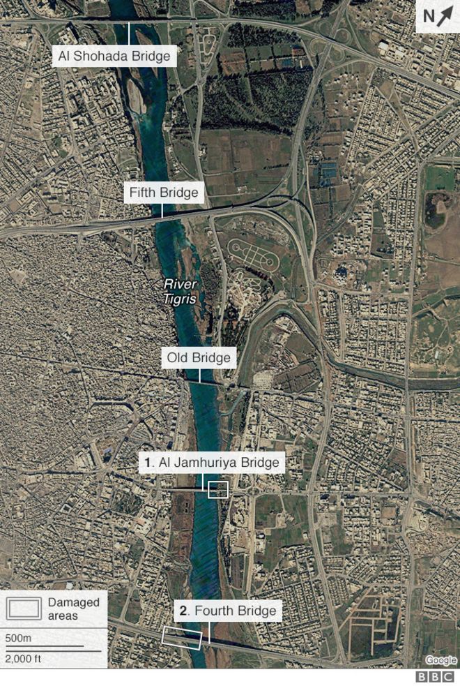 Спутниковое изображение мостов в Мосуле