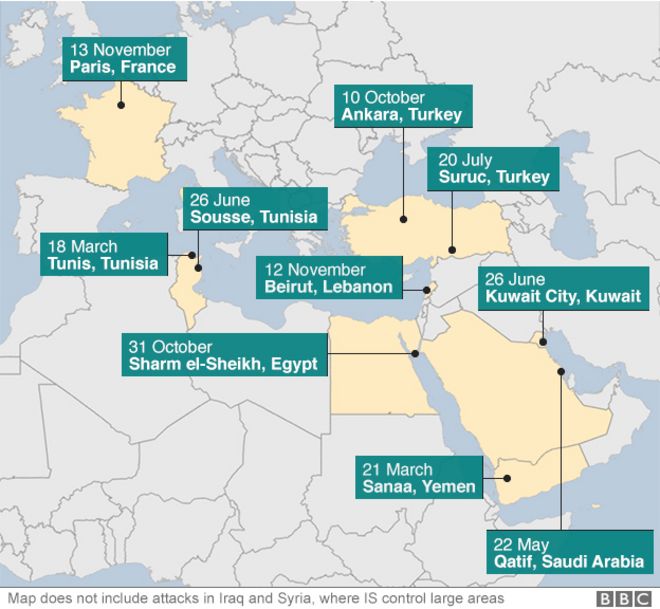 Карта с указанием мест самых кровавых нападений, связанных с «Исламским государством» в 2015 году