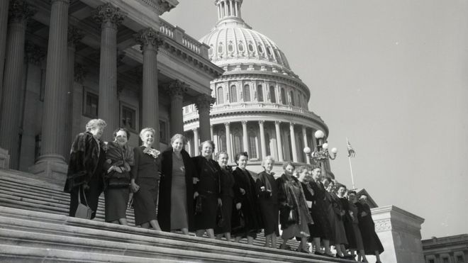 All of the 17 ladies serving in the 84th congress posed for this photo on the house steps of the Capitol in 1955