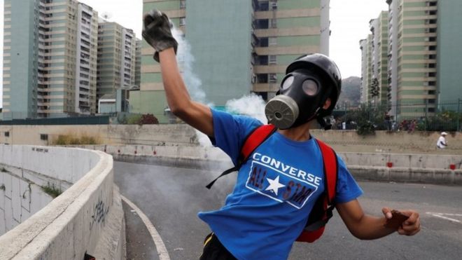 A protester in Venezuala throws back a tear gas canister