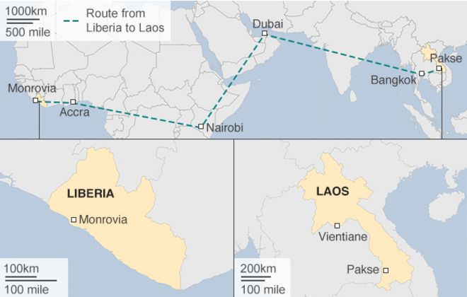 Карта: Маршрут из Либерии в Лаос