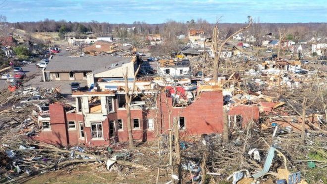 Homes and businesses are destroyed after a tornado ripped through Mayfield, Kentucky