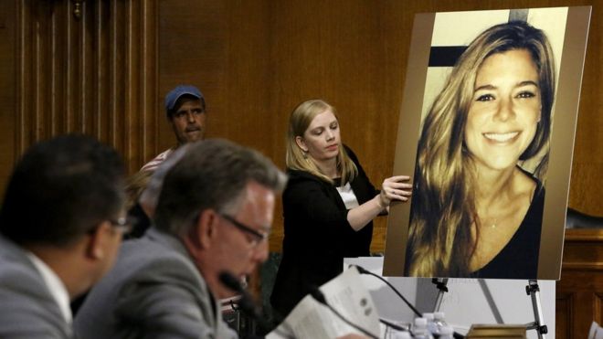 A photo of murder victim Kate Steinle is placed on an easel on Capitol Hill in Washington, 1 December 2017