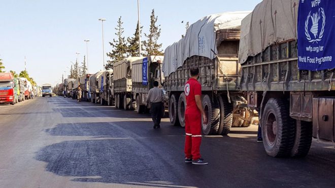 Convoy of 31 trucks preparing to set off to deliver aid to the western rural side of Aleppo, Syria, 19 September 2016