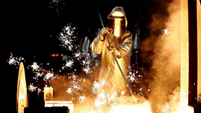 A steel worker at ThyssenKrupp in Duisburg, Germany