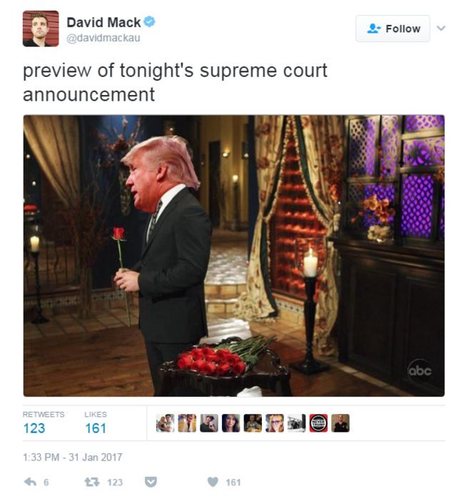 Дэвид Мак пишет в Твиттере: «Предварительный просмотр объявления Верховного суда сегодня вечером».