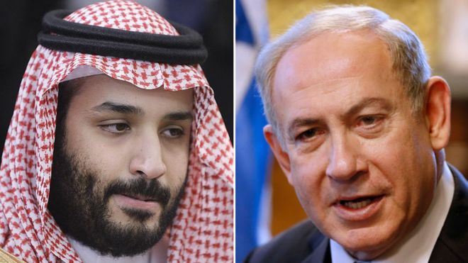 El príncipe heredero saudita Mohammed bin Salman y el primer ministro israelí, Benjamin Netanyahu.