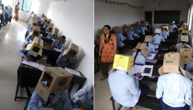 Collage images showing students sitting taking an exam with boxes on their heads