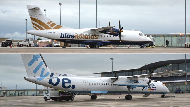 Синие острова и самолеты Flybe в аэропорту Гернси