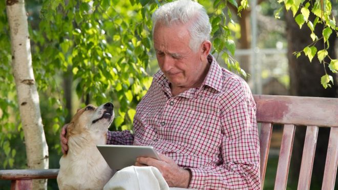 Homem idoso olha para tablet com cão ao lado