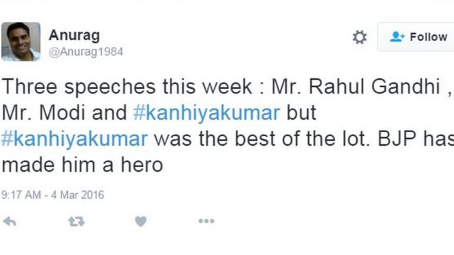 Три выступления на этой неделе: г-н Рахул Ганди, г-н Моди и #kanhiyakumar, но #kanhiyakumar был лучшим из всех. BJP сделал его героем