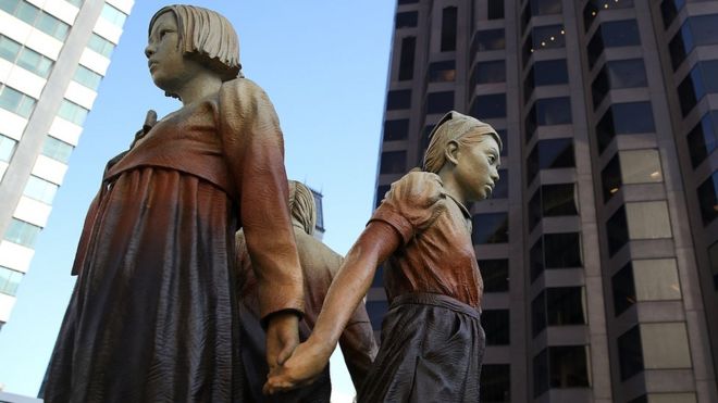 The "Comfort Women" Column of Strength statue seen in San Francisco, California, 3 October 2018