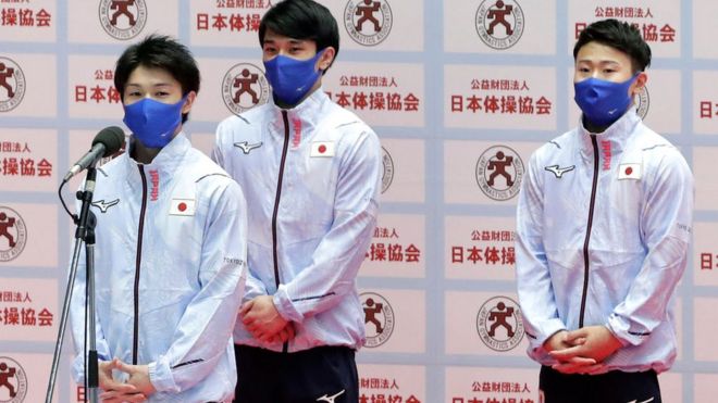 Members of Japan's gymnastics team at qualifying event.