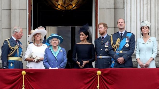 (L-R): The Prince of Wales, the Duchess of Cornwall, the Queen, the Duchess of Sussex, the Duke of Sussex, the Duke of Cambridge and the Duchess of Cambridge