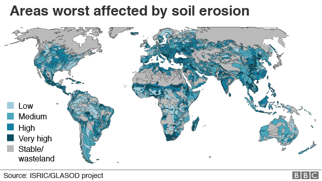 Карта с указанием районов, наиболее пострадавших от эрозии почвы в мире