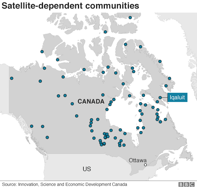 Карта, показывающая зависимые от спутников сообщества по всей Канаде