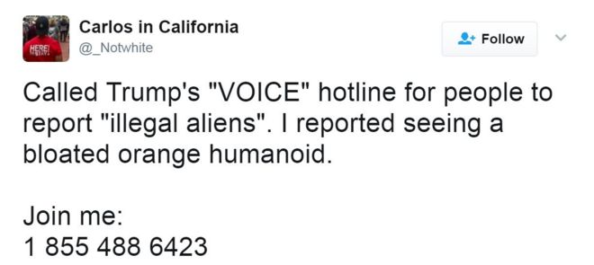 Чирикать гласит: называется "Трамп" VOICE " Горячая линия для людей, сообщающих о «нелегальных инопланетянах». Я сообщил, что видел раздутый оранжевый гуманоид.