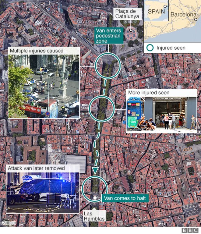 Карта с указанием места нападения в Барселоне и пострадавших