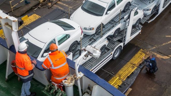 Cars on a transporter on a ferry at Dover