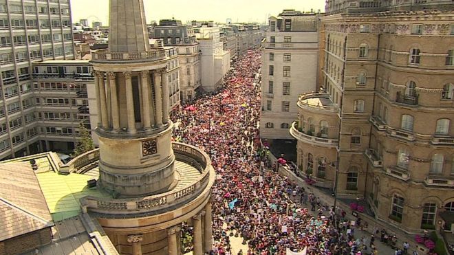 Anti-Trump protesters are staging demonstrations in central London