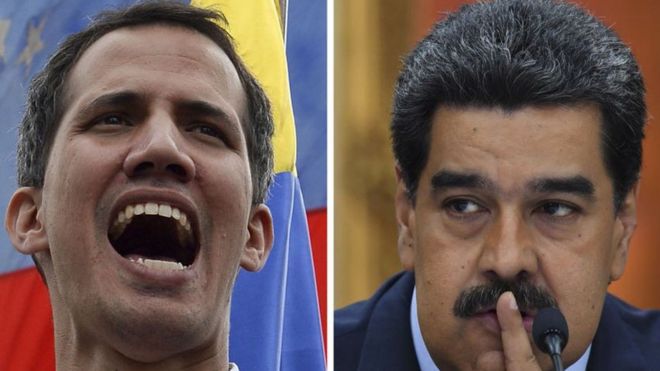 Juan Guaidó (esquerda) e Nicolás Maduro (direita)