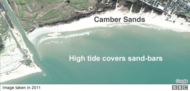 Изображение пляжа Camber Sands во время прилива